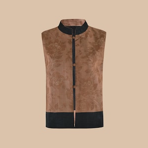 Reversible Elegant Tussah Mud Silk Floral Jacquard Vest, Black and Brown, Naturally Dyed, Handcrafted Versatile Style, Custom Design & Size
