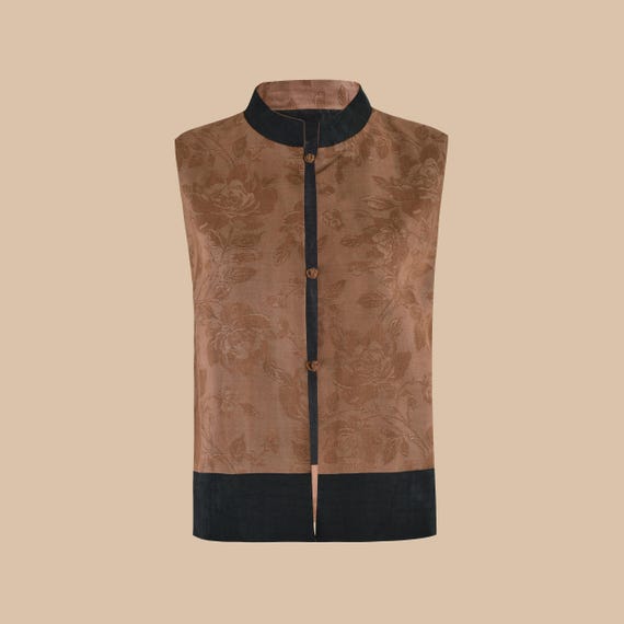 Reversible Elegant Tussah Mud Silk Floral Jacquard Vest
