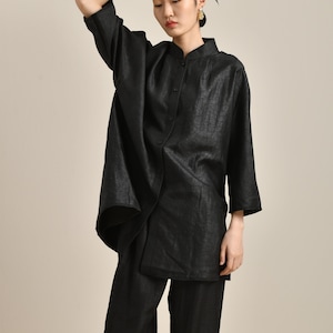 Chemise oversize noire coupe ample 100 % soie boue gambiered Tradition chinoise modernisée respectueuse de l'environnement, teinte végétale naturelle Fabriqué sur commande image 6