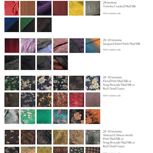 Op de afbeelding: Een selectie van 36 verschillende stofstalen, elk met een uniek patroon en kleur. De stoffen zijn allemaal 100% moerbeizijde en verkrijgbaar in verschillende momme-gewichten. De stoffen omvatten een verscheidenheid aan patronen, waaronder bloemen, geometrische en abstracte ontwerpen. De stoffen zijn allemaal gelabeld met hun naam en momme-gewicht. De tekst "Kies uw stoffen" staat bovenaan de afbeelding.