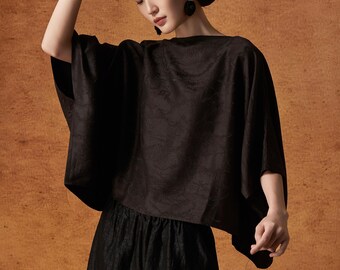 Agotado - Disponible solo en otras sedas, blusa de seda jacquard de corte relajado, 100 % seda de morera teñida naturalmente, talla personalizada hecha a medida.