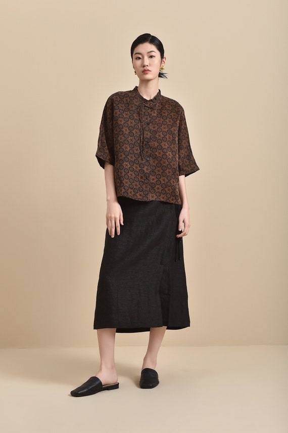 Elegant Brown Mud Silk Blouse, 100% Mulberry Silk Naturally Dyed, Vintage-Inspired Pattern Mandarin Collar Half-Sleeves Eco-Friendly Fashion