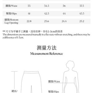 Op de afbeelding: Maattabel voor broeken met maten in inches en centimeters. De tabel bevat maten voor lengte, taille, heupen en beenopening. De tabel bevat ook een diagram dat laat zien hoe je jezelf moet meten.