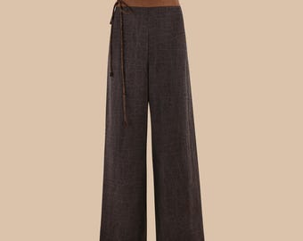 Elegante broek met wijde pijpen in grijze, gekraakte modderzijde, 100% moerbeizijde, verstelbare tailleband, comfortabele pasvorm, stijlvolle en veelzijdige broek