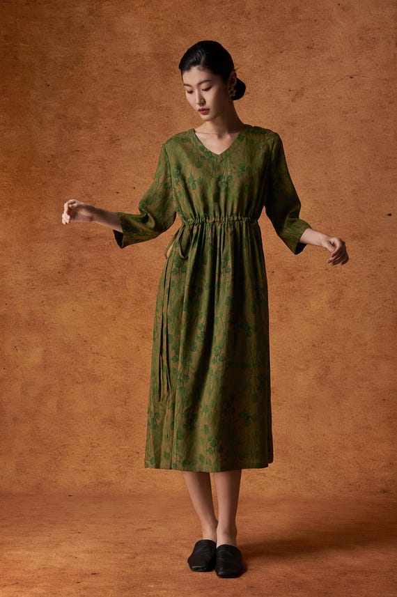 Summer Lightweight Green Floral Jiao Luo Breathable Silk Dress, 100% Mulberry Silk, Naturally Dyed, V-Neck, Tie Waist & Pockets, Custom Size Summer Lightweight Green Floral Jiao Luo Breathable Silk Dress, 100% Mulberry Silk, Naturally Dyed, V-Neck, Tie Waist & Pockets, Custom Size