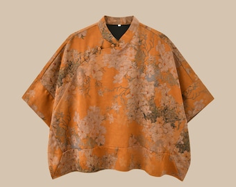Orange Floral Relaxed Fit Silk Boxy Blouse, 100% Mulberry Silk, Naturally Dyed, Made to Measure