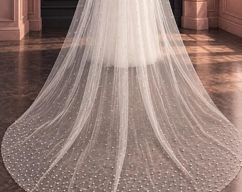 Pearl Cathedral Wedding Veil: One Tier Bridal Veil with Comb