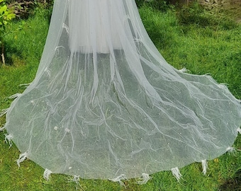 Feather and Pearl Cathedral Wedding Veil, Long Bridal Veil