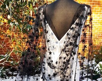 Celestial Black Gothic Cathedral Cape Veil | Flock Star Print | Gothic Fantasy Inspired