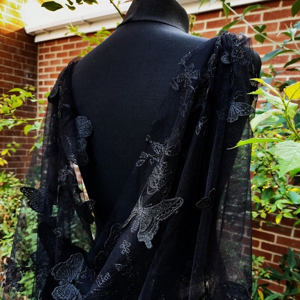 Dramatic Showstopper Bridal Cape Veil - Black Gothic Cathedral Design adorned with Butterflies