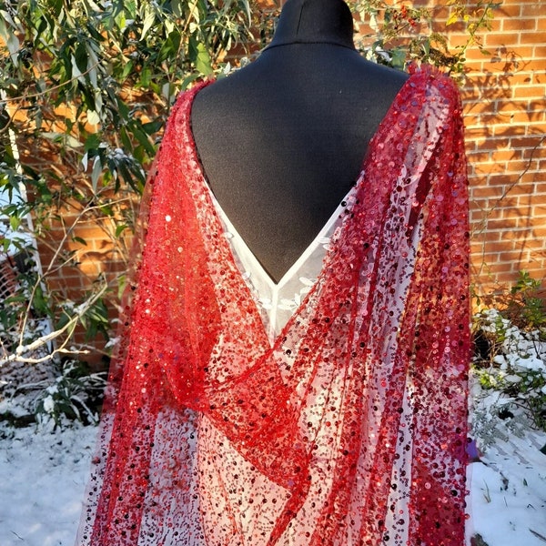 Vintage Inspired Wine Red Cathedral Bridal Cape Veil with Intricate Beadwork and Sparkling Sequins