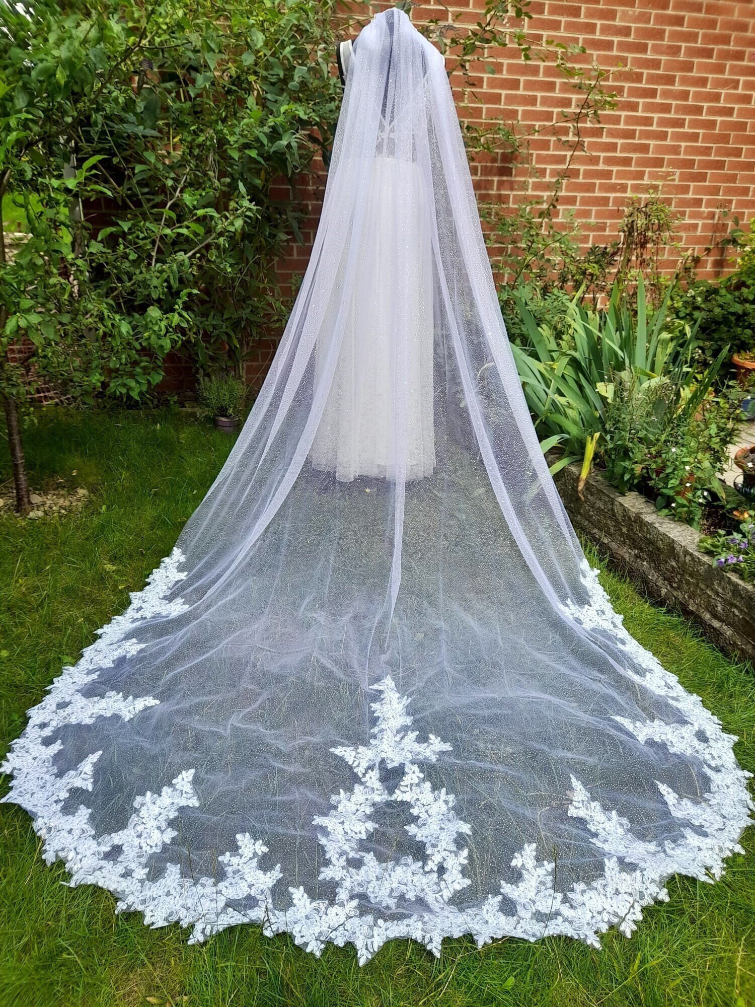 New! White cathedral veil in white! Lace detail with silver stitching & beading! Cathedral Mantilla Lace Edge Veil | David main image 2
