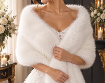 May include: A white faux fur stole draped over the shoulders, featuring a thick, plush texture and long, soft fibers. The wrap is worn over a white lace dress with a V-neckline, providing full coverage across the upper chest and arms.