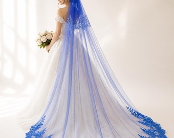 Royal Blue Cathedral Veil,Bridal Veil With Vintage Double Lace Edge And A Comb