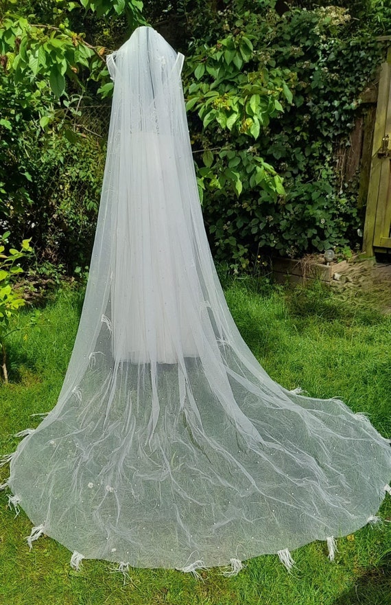 Feather and Pearl Cathedral Wedding Veil, Long Bridal Veil 