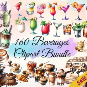 Pacote de clipart de 160 bebidas em aquarela - café, coquetéis, smoothies, chá de bolhas PNG, designs para cardápio de café e cardápio de bar, uso comercial