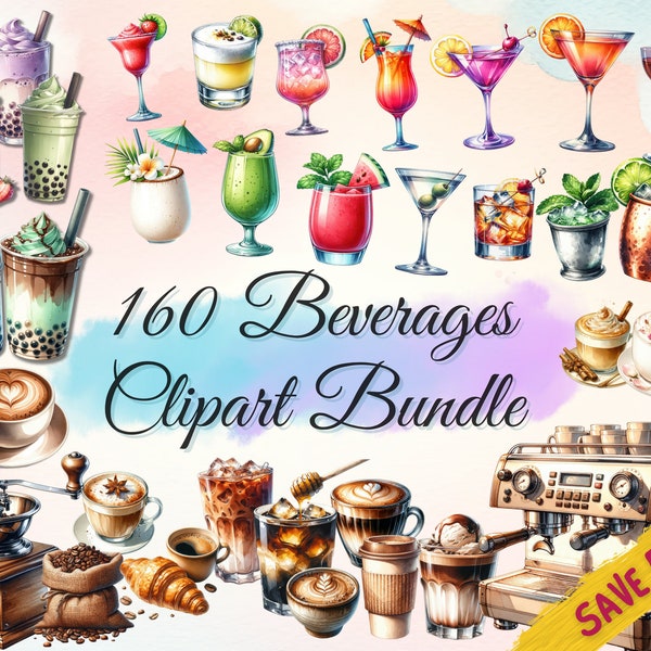 160 Watercolor Beverages Clipart Bundle - Coffee, Cocktails, Smoothies, Bubble Tea PNG, Designs for Coffee Menu and Bar Menu, Commercial Use