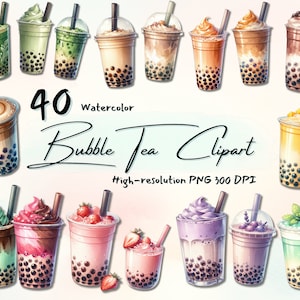 Conjunto de 40 clipart de chá de bolhas em aquarela, clipart de chá de boba, fundo transparente, perfeito para design de menu, download instantâneo para uso comercial