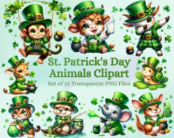Watercolor St. Patrick's Day Animals Clipart Collection, Transparent PNG with Clover & Shamrock PNG, Irish Holiday Decor, Baby Animals