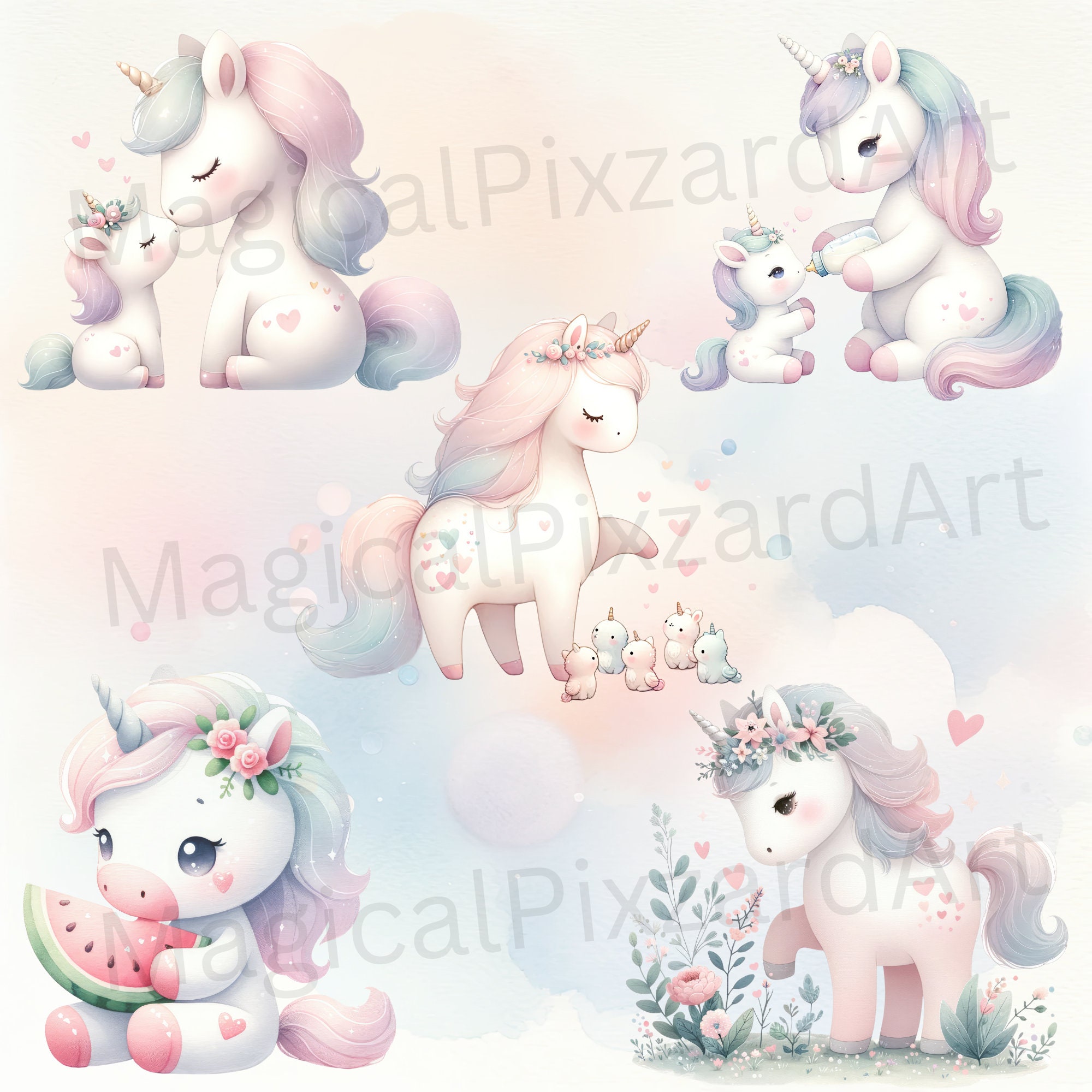 Pastel Unicorn Clipart Collection 25 PNG Files With Kawaii Watercolor ...