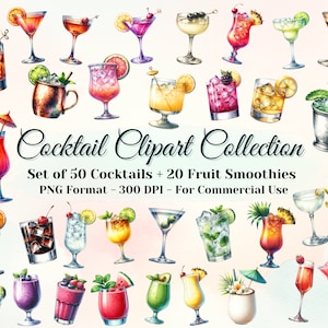 70 Clipart di bevande ad acquerello - 50 Clipart di cocktail + 20 Clipart di frullati, design del menu del bar, PNG di bevande, perfetto per uso commerciale