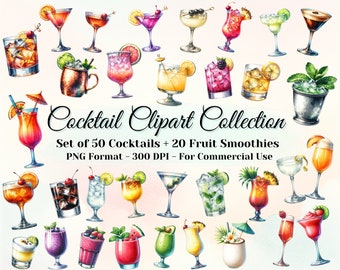 May include: A collection of 70 watercolor illustrations of cocktails and fruit smoothies. The illustrations are in a variety of colors and styles, and they are all set against a white background. The text "Cocktail Clipart Collection" is written in a decorative font at the top of the image. The text "Set of 50 Cocktails + 20 Fruit Smoothies" is written below the title. The text "PNG Format - 300 DPI - For Commercial Use" is written below the description of the set.