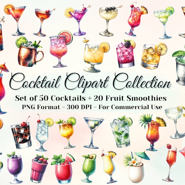 70 Watercolor Drink Clipart Bundle - 50 Cocktail Clipart + 20 Smoothie Clipart, Bar Menu Design, Beverage PNG, Perfect for Commercial Use