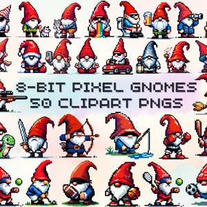 May include: A set of 50 8-bit pixel art gnome clipart images. The gnomes are in various poses and activities, including holding a rifle, fishing, playing sports, and riding a unicorn. The gnomes are all wearing red hats and have white beards.