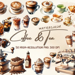 Paquete de 50 imágenes prediseñadas de café en acuarela, imágenes prediseñadas de té, imágenes prediseñadas de cafetería, menú de café, fondo transparente, descarga instantánea para uso comercial