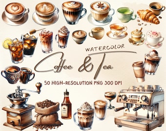 50 Watercolor Coffee Clipart Bundle, Tea Clipart, Cafe Clipart, Coffee Menu, Transparent Background, Instant Download for Commercial Use