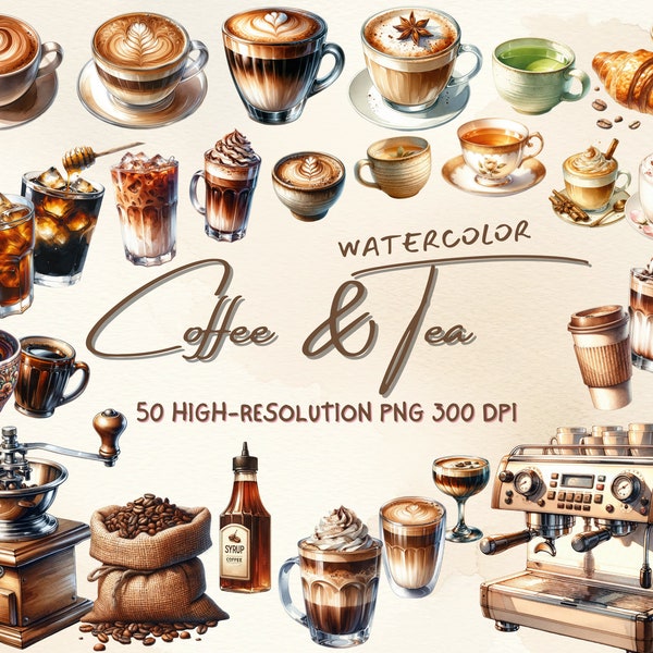 50 Watercolor Coffee Clipart Bundle, Tea Clipart, Cafe Clipart, Coffee Menu, Transparent Background, Instant Download for Commercial Use