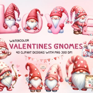 40 Valentines Gnomes Clipart bundle - Watercolor Festive Gnomes, Valentines png, Transparent Background, Instant Download for Commercial Use