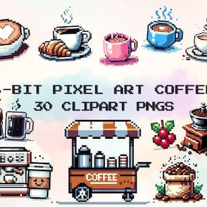 Coleção de arte pixel de café de 8 bits - fundo transparente de 30 PNGs para download digital, pixel art café PNG, clipart de estilo de jogo retrô