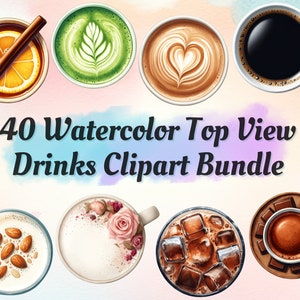 Pacote de clipart de bebidas com vista superior em aquarela de 40 com fundo transparente, perfeito para design de menu de café, download instantâneo para uso comercial