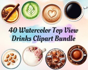 40 Watercolor Top View Drinks Clipart Bundle with Transparent Background, Perfect for Cafe Menu Design, Instant Download for Commercial Use