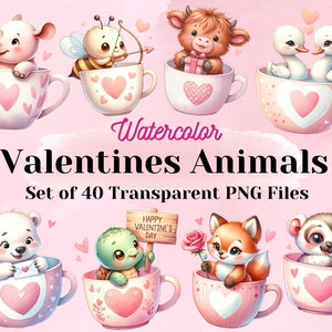 40 Clipart di animali di San Valentino ad acquerello, PNG Animali di San Valentino in tazza da tè, sfondo trasparente, download immediato per uso commerciale