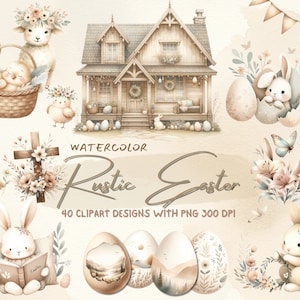 40 bundle di clipart pasquali ad acquerello, clipart di coniglietti, tema beige, lavoretti primaverili, sfondo trasparente, download immediato, uso commerciale