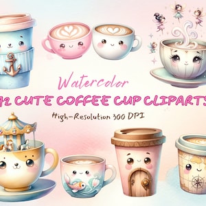 42 Pacote de clipart de xícara de café Kawaii em aquarela, desenho animado de xícara de café fofo pastel, fundo transparente, download instantâneo para uso comercial