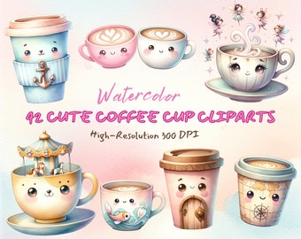 42 Watercolor Kawaii Coffee Cup Clipart Bundle, Pastel Cute Coffee Cup Cartoon, Transparent Background, Instant Download for Commercial Use
