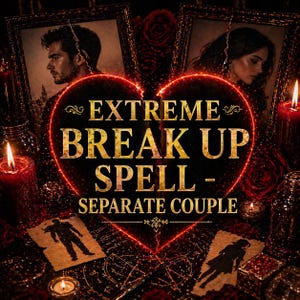 Op de afbeelding: Een donkere, mystieke afbeelding met een gloeiende rode hartvorm en de gouden tekst "EXTREME BREAK UP SPELL - SEPARATE COUPLE". Portretten, kaarsen en spreukgerelateerde items omringen het hart.