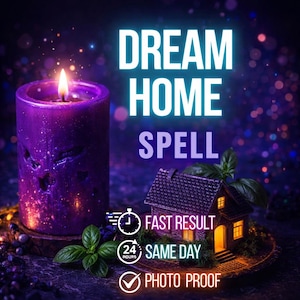 May include: A purple candle with a lit flame, a miniature house, and the words "DREAM HOME SPELL." The image also includes text that says "FAST RESULT," "SAME DAY," and "PHOTO PROOF."