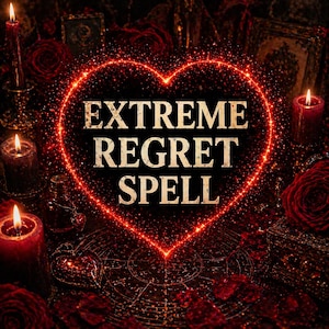 Może przedstawiać: Mroczny, romantyczny obraz z błyszczącym czerwonym sercem z napisem "EXTREME REGRET SPELL" w złotych literach. Tło wypełnione jest czerwonymi różami, świecami i mistycznymi elementami, tworząc gotycką estetykę.