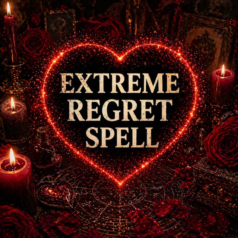 May include: A dark, romantic image featuring a glowing red heart with the words "EXTREME REGRET SPELL" in gold lettering. The background is filled with red roses, candles, and mystical elements, creating a gothic aesthetic.