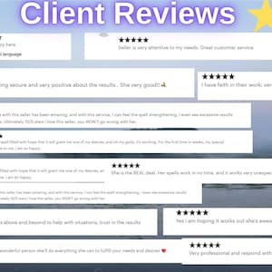 May include: Image featuring the words "Client Reviews" in a purple gradient font, with yellow star accents. The image displays multiple customer testimonials with five-star ratings, praising the seller's service and results.