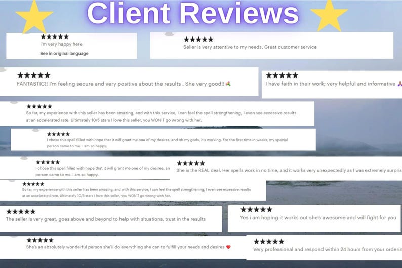 May include: Image featuring the words "Client Reviews" in a purple gradient font, with yellow star accents. The image displays multiple customer testimonials with five-star ratings, praising the seller's service and results.
