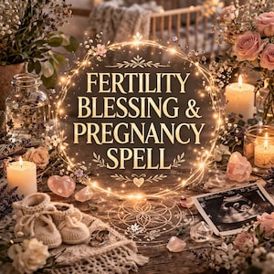 Może przedstawiać: Obraz z tekstem "Fertility Blessing & Pregnancy Spell" otoczony świecącym światłem. Obraz zawiera buciki dziecięce, kryształy, świece, kwiaty i USG. Scena jest ustawiona na drewnianej powierzchni z miękkim, ciepłym blaskiem.