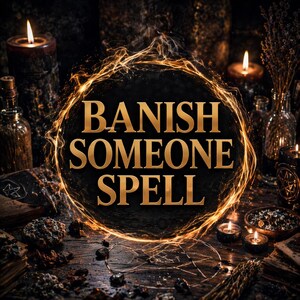 May include: A mystical image featuring the words "BANISH SOMEONE SPELL" in gold, framed by an orange energy circle. The scene includes candles, bottles, and a dark wooden table, evoking a sense of magic and ritual.