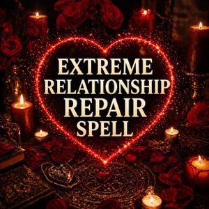 Könnte beinhalten: Mystisches Bild mit einem leuchtenden roten Herzen mit der Aufschrift "EXTREME RELATIONSHIP REPAIR SPELL". Die Szene umfasst brennende Kerzen, rote Rosen und antike Bücher, die eine romantische und magische Atmosphäre schaffen.