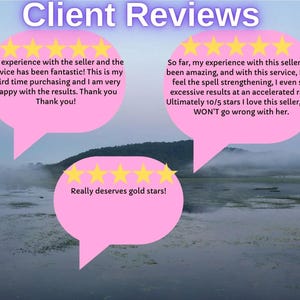 May include: Image with the text "Client Reviews" and customer testimonials in pink speech bubbles. Each bubble has gold star ratings and positive feedback about a seller's service.