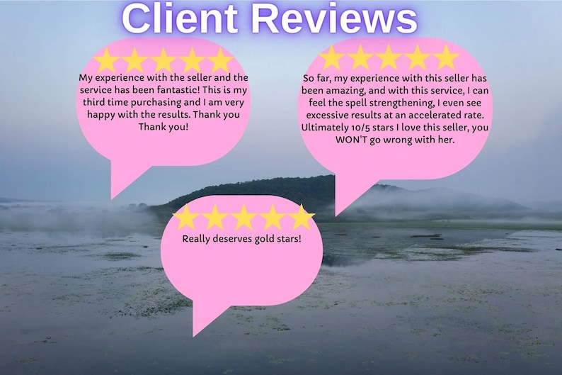 May include: Image with the text "Client Reviews" and customer testimonials in pink speech bubbles. Each bubble has gold star ratings and positive feedback about a seller's service.
